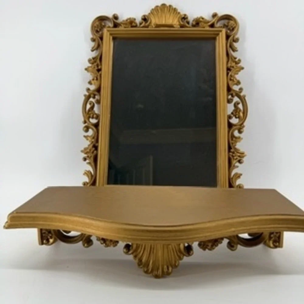 Vintage Homco Gold Ornate Wall Mirror and Floating Shelf Set 3069 Made in USA